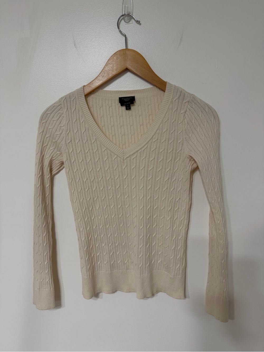 Talbots Petites P Cream Pima Cotton Cable Knit V-Neck Sweater Preppy Classic
